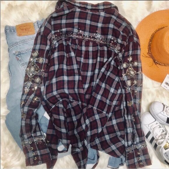 FP FREE PEOPLE Silver Sequin Bead Oversized Red Flannel Plaid Button Shirt XS - Picture 8 of 16